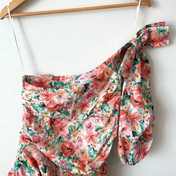 Zara One Shoulder Floral Draped Bodycon Mini Dress Size Small - Picture 9 of 13